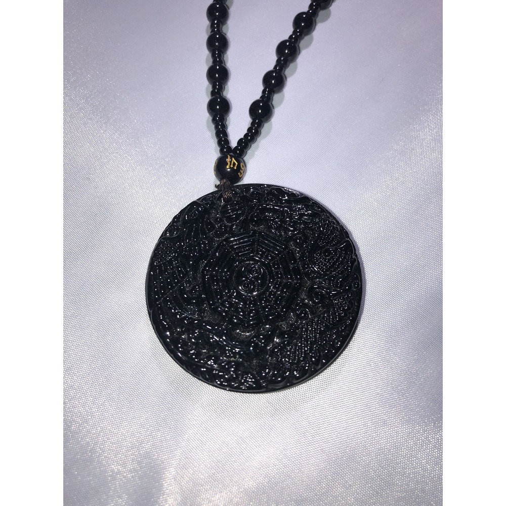 Unique Glass Black Obsidian Dragon and Phoenix Pendant Necklace Good Luck Charm